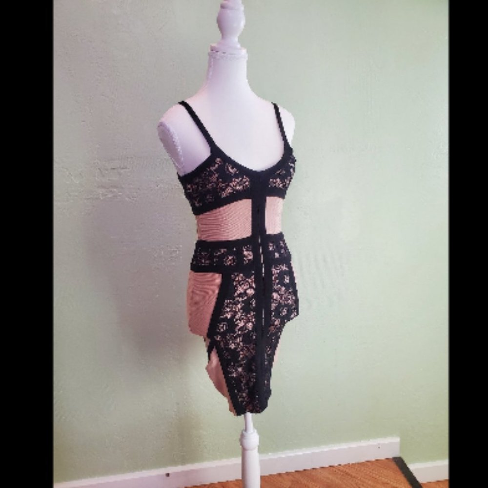 BEBE Nude and Black Lace Bodycon Dress